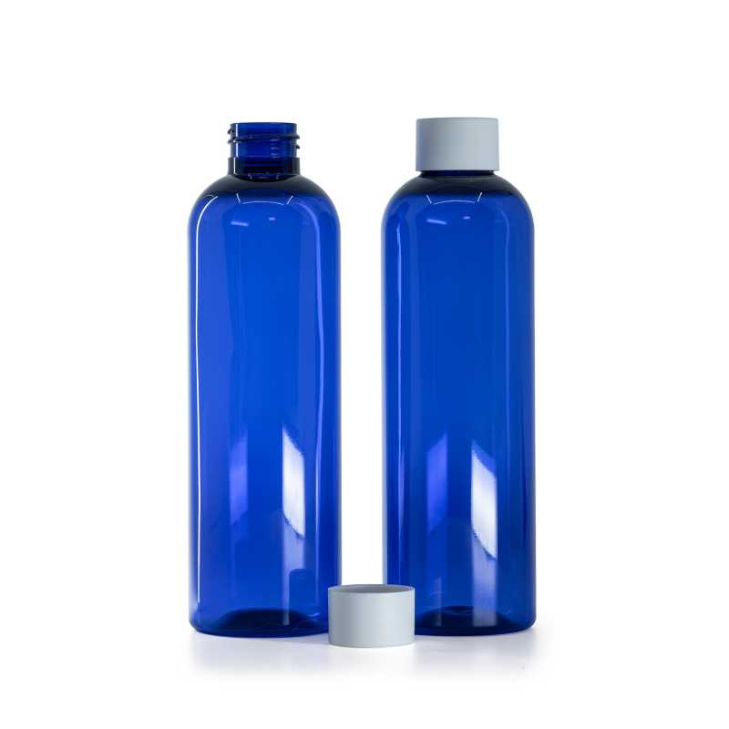 Flacon plastique bleu, 250 ml, avec bouchon blanc mat
