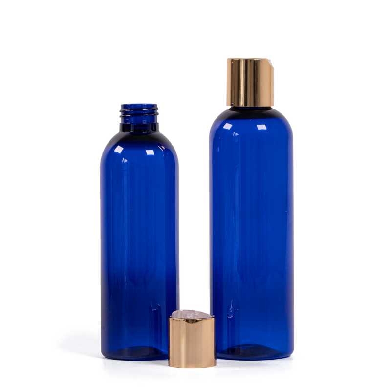 Bouteille en plastique bleue, bouchon doré, 200 ml