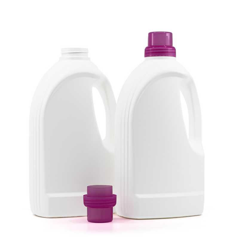 Bouteille de détergent en plastique blanc, bouchon rose, 1,5 l