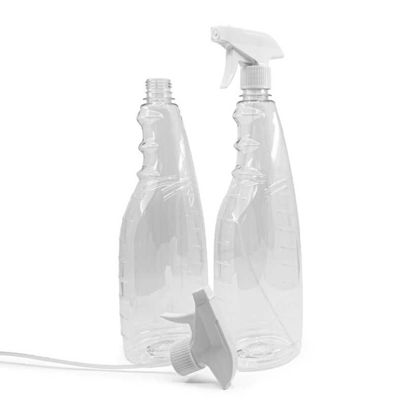 Bouteille plastique transparente pour détergent, pulvérisateur blanc, 1 l