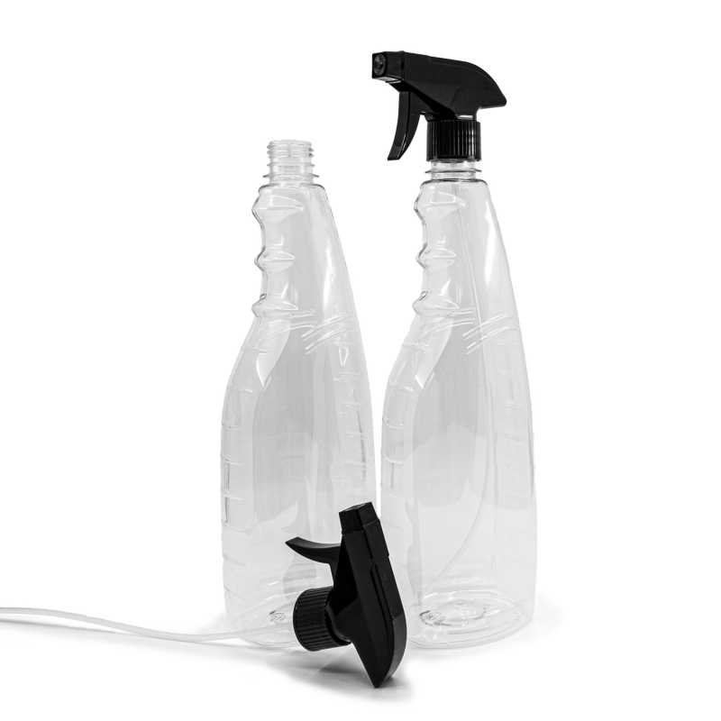 Bouteille plastique transparente pour détergent, pulvérisateur noir, 1 l