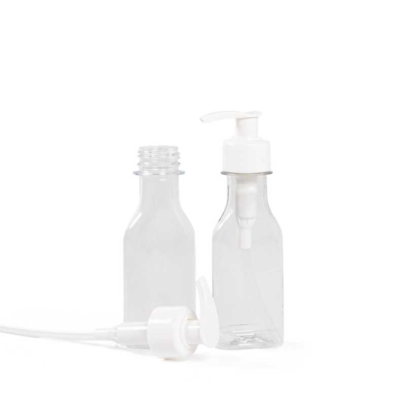 Flacon plastique plat transparent, bouchon blanc, pompe lisse blanche, 50 ml