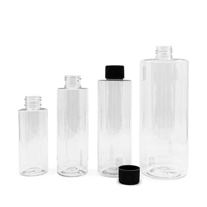Bouteille en plastique transparent, bouchon en plastique strié noir, 150 ml