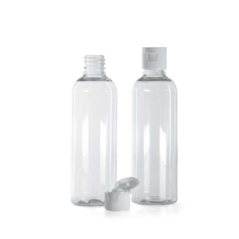 Bouteille en plastique transparent, bouchon blanc, 18/410, 100 ml