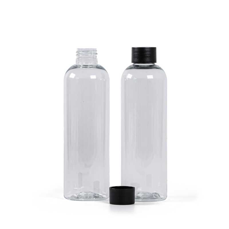 Bouteille en plastique transparent, 24/410, bouchon en plastique noir mat, 250 ml