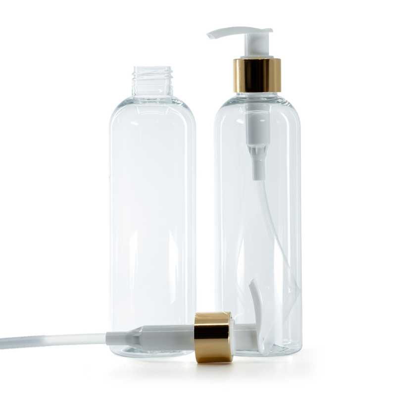 Bouteille en plastique transparent, pompe à lotion blanche avec col en or brillant, 250 ml