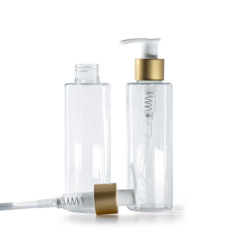 Flacon en plastique transparent, pompe lotion blanche avec bague or mat, 150 ml