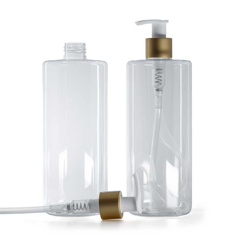 Flacon plastique transparent avec pompe lotion blanche et bague or mat, 500 ml