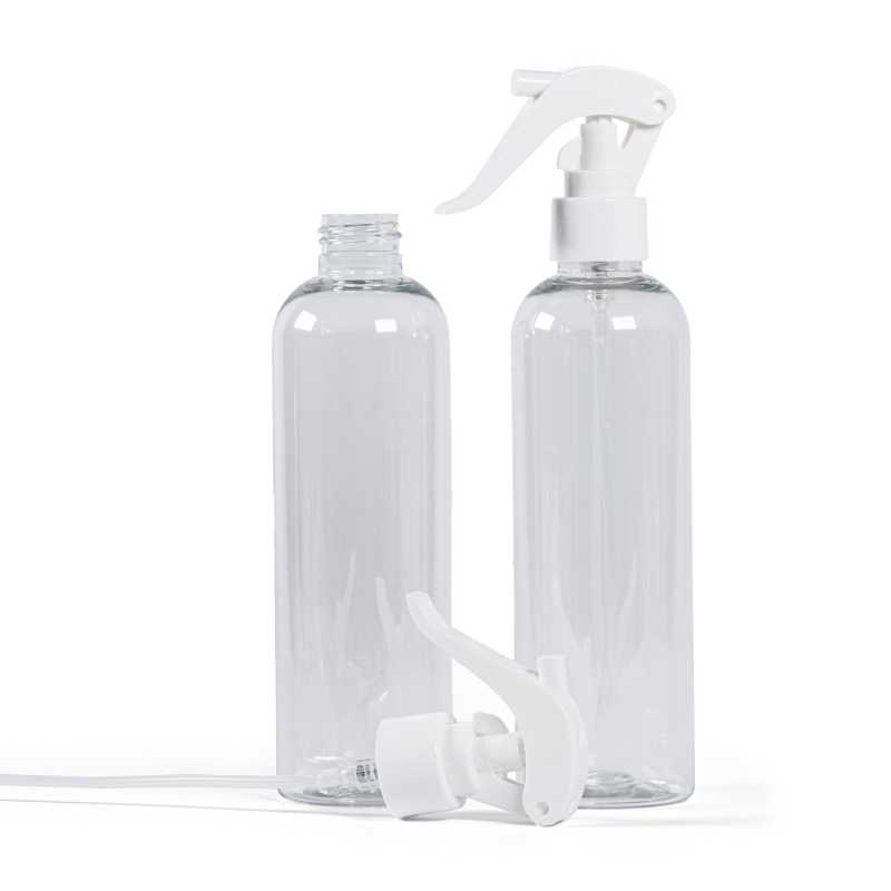 Bouteille en plastique transparent, vaporisateur à gâchette blanc, 250 ml