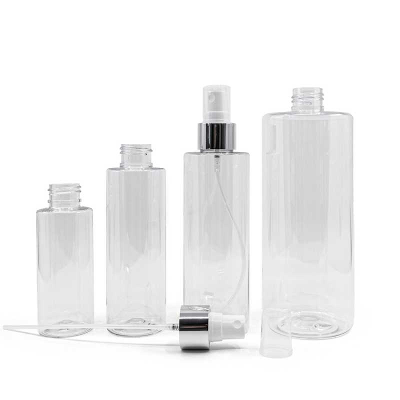 Bouteille en plastique transparent, spray blanc avec col argenté brillant, 100ml 