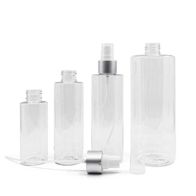 Bouteille en plastique transparent, spray blanc avec col argenté mat, 100 ml