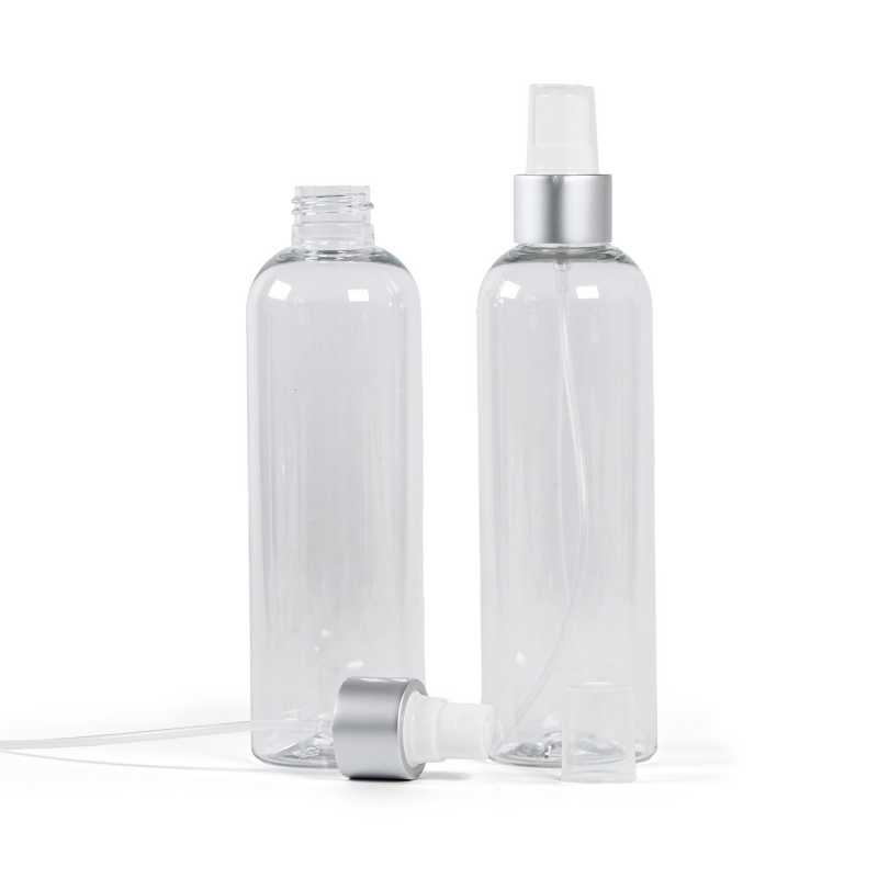 Bouteille en plastique transparent, spray blanc avec col argenté mat, 250 ml