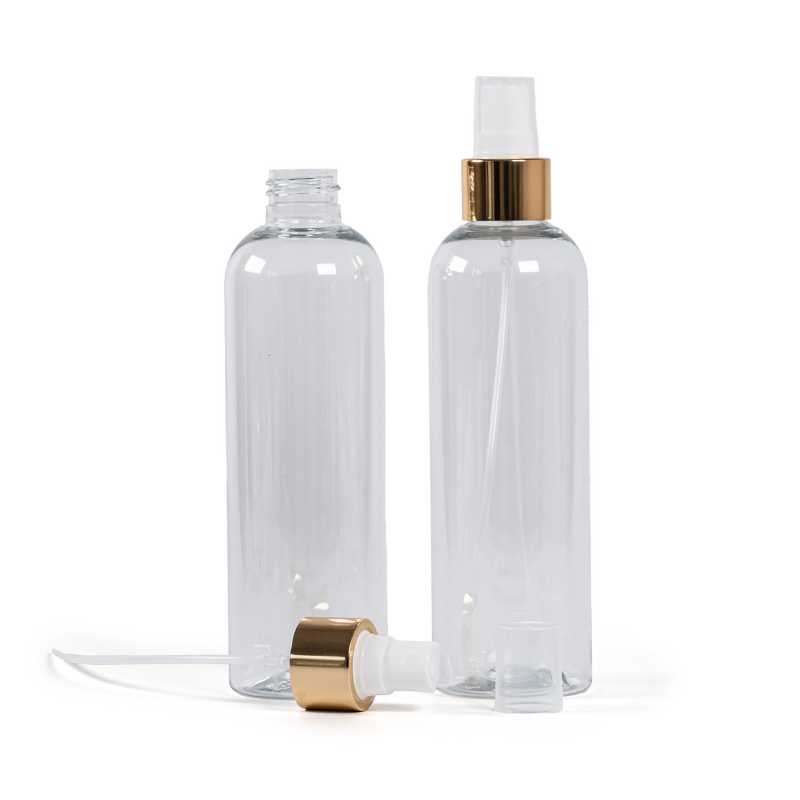 Bouteille en plastique transparent, spray blanc avec collerette dorée brillante, 250 ml