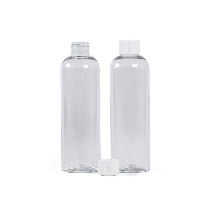 Bouteille en plastique transparent, bouchon en plastique blanc, 250 ml