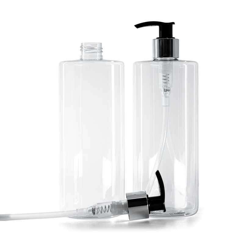 Bouteille en plastique transparent, pompe à lotion noire avec col argenté brillant, 500 ml