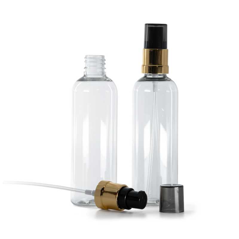 Flacon en plastique transparent, distributeur noir et or brillant avec surcapuchon fumé, 100 ml
