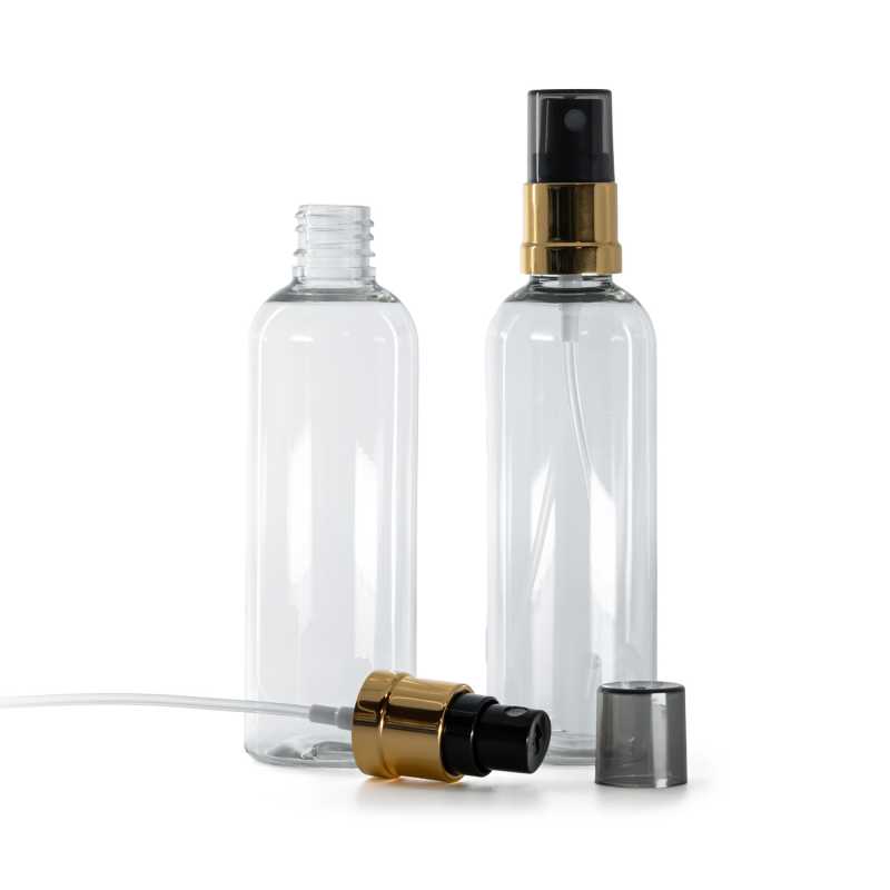 Flacon en plastique transparent, pompe spray noir et or, capot fumé, 100 ml