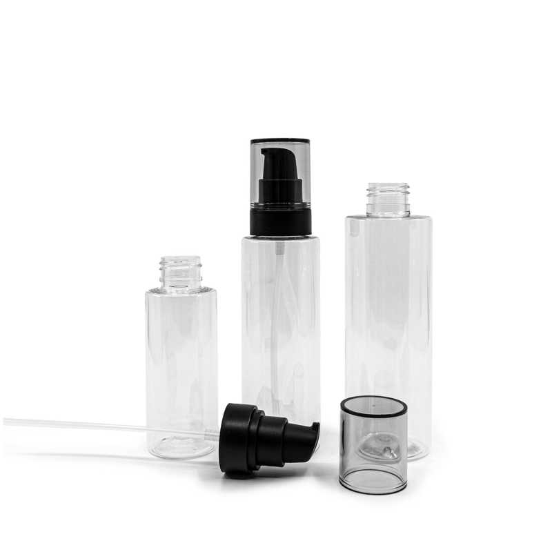 Bouteille en plastique transparent, pompe noire avec bouchon fumé, 150 ml