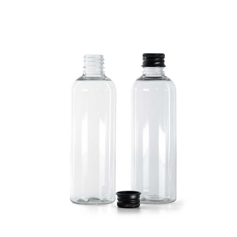 Bouteille en plastique transparent, bouchon en aluminium noir, 100 ml
