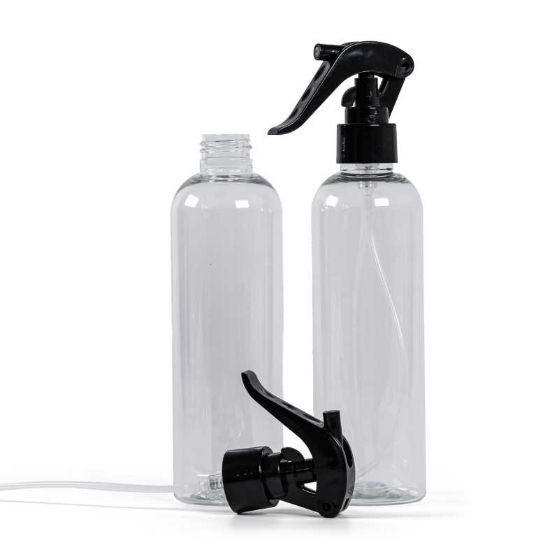 Bouteille en plastique transparent, vaporisateur à gâchette noir, 250 ml