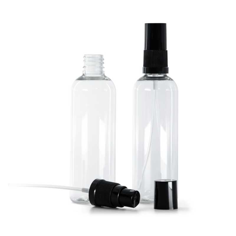 Bouteille en plastique transparent, vaporisateur noir pour brume fine, bouchon noir, 100 ml