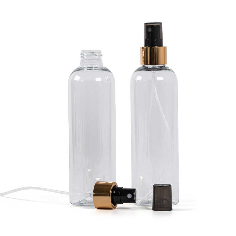 Bouteille en plastique transparent, spray noir avec collier doré brillant, 250 ml