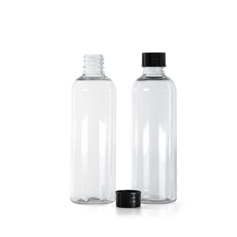 Bouteille en plastique transparent, bouchon en plastique noir, 18/410, 100 ml
