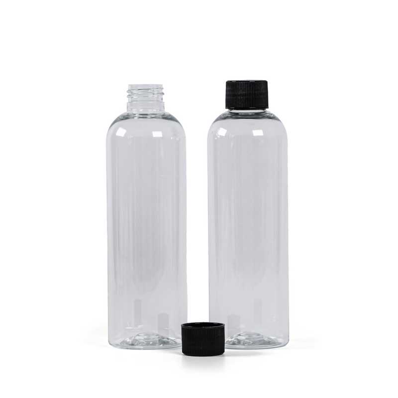Bouteille en plastique transparent, bouchon en plastique strié noir, 250 ml