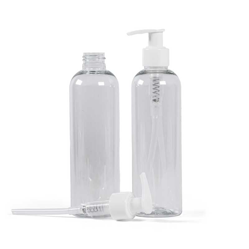 Bouteille en plastique transparent, pompe en plastique blanc, 250 ml