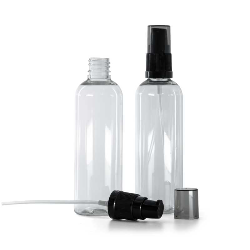 Flacon en plastique transparent, pompe lotion avec surcapuchon fumé, 100 ml