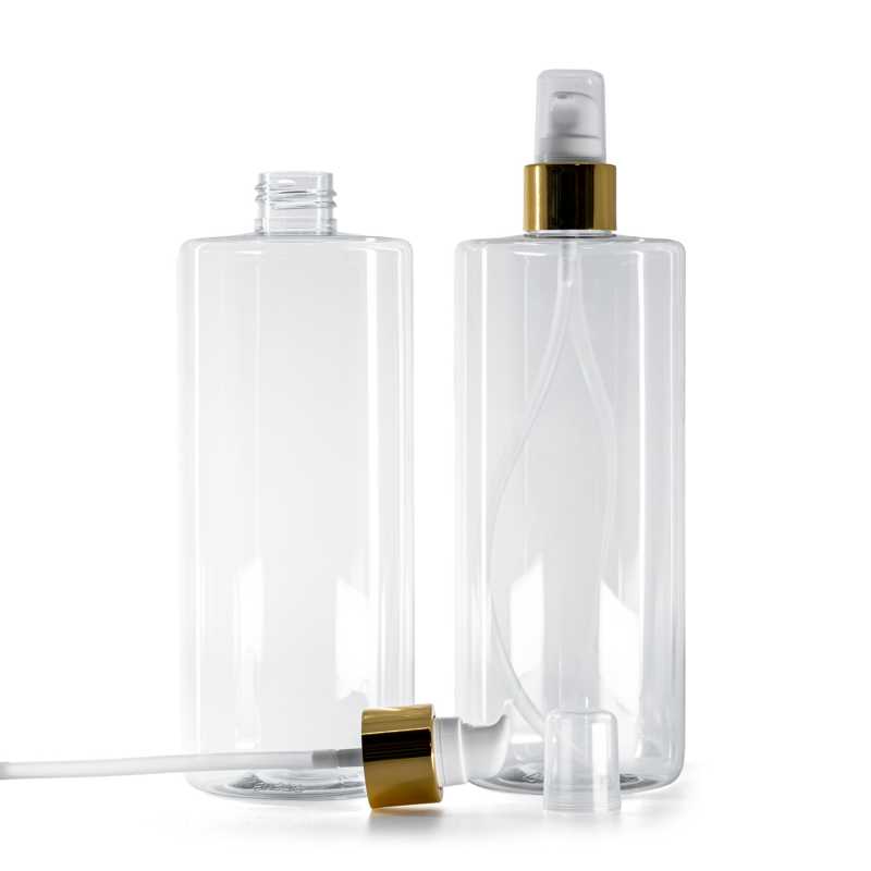 Bouteille en plastique transparent, pompe à lotion blanche avec bouchon, or brillant, 500 ml