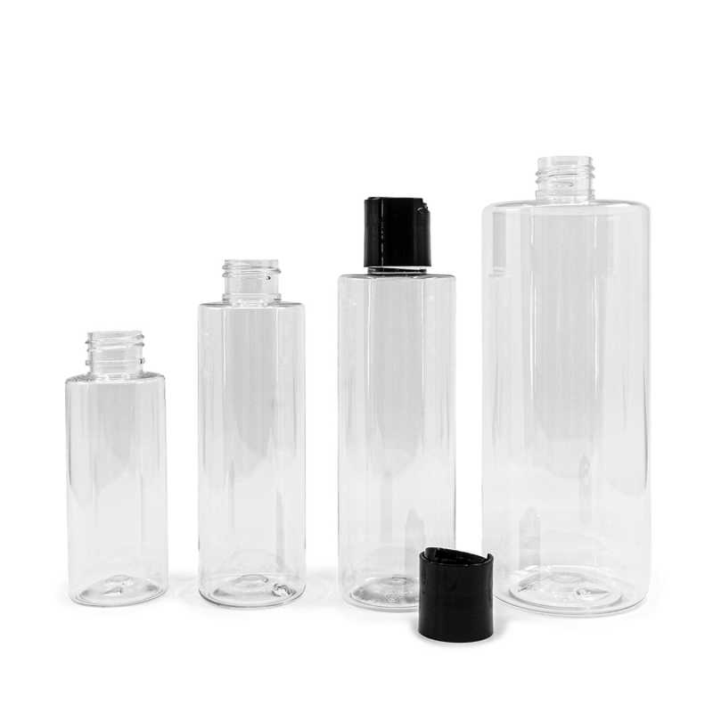 Bouteille en plastique transparent, bouchon noir, 200 ml