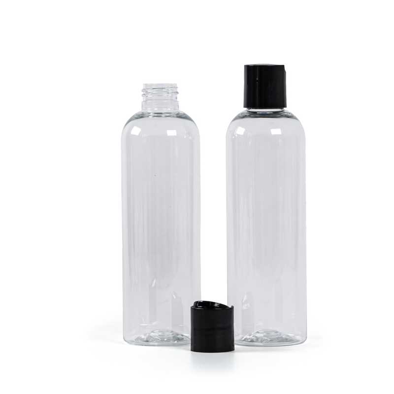 Bouteille en plastique transparent, bouchon noir, 250 ml