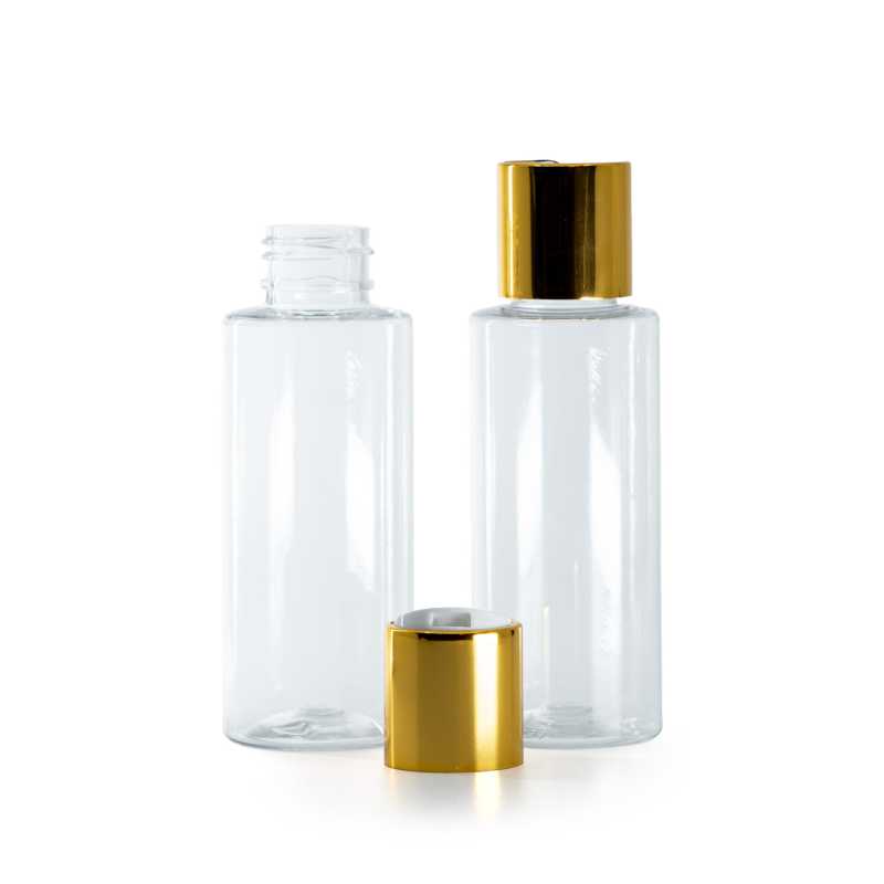 Bouteille en plastique transparent, bouchon en plastique blanc avec col en aluminium doré, 100 ml