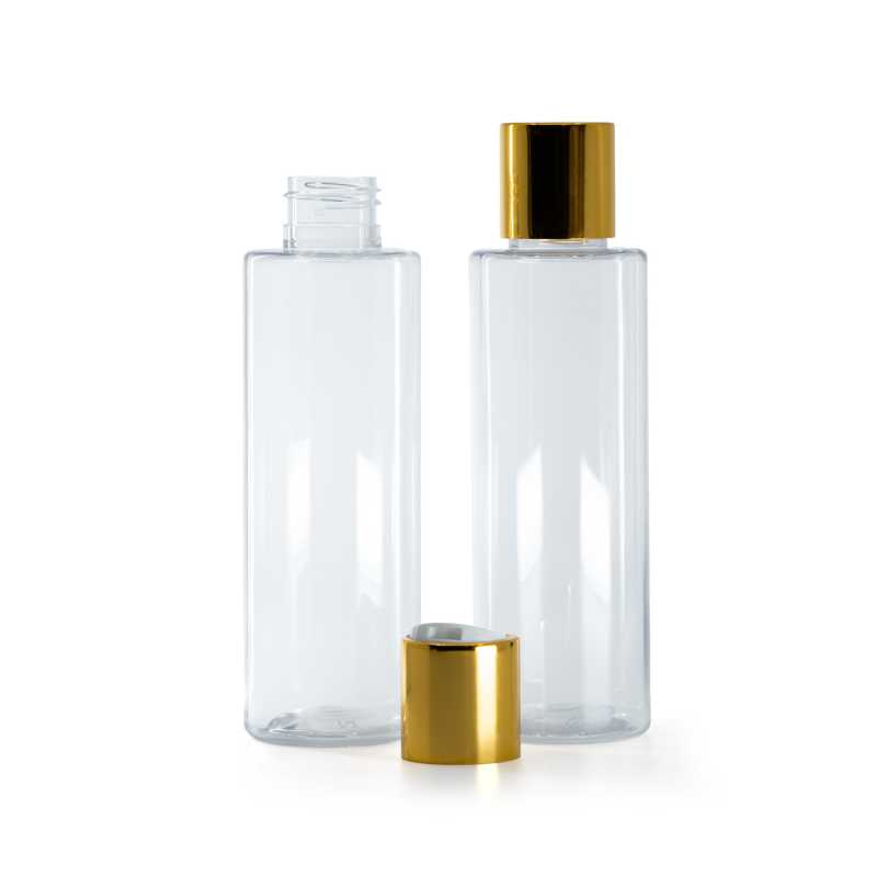 Bouteille en plastique transparent, bouchon en plastique blanc avec col en aluminium doré, 150 ml