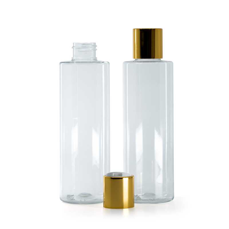 Bouteille en plastique transparent, bouchon en plastique blanc avec col en aluminium doré, 200 ml