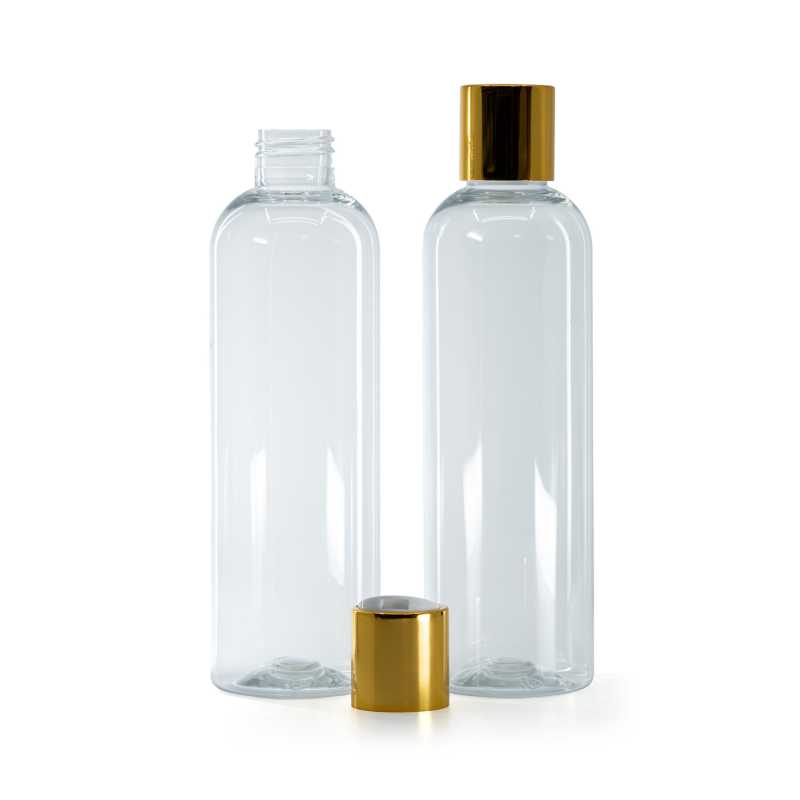 Bouteille en plastique transparent, bouchon en plastique blanc avec col en aluminium doré, 250 ml