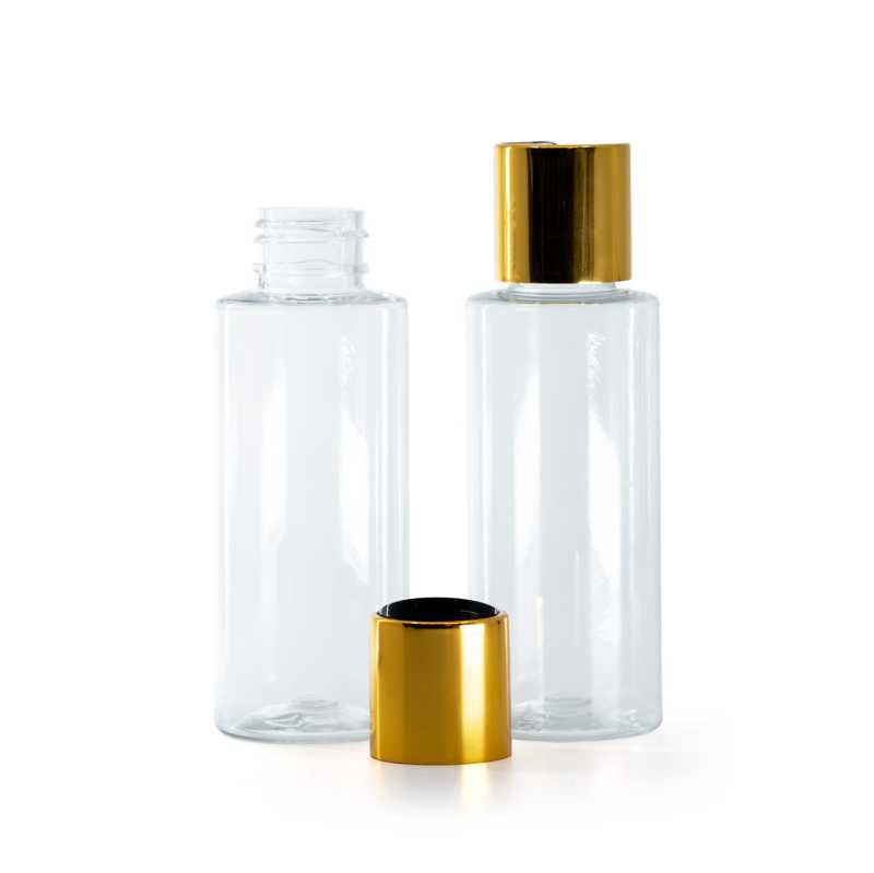 Bouteille en plastique transparent, bouchon en plastique noir avec col en aluminium doré, 100 ml