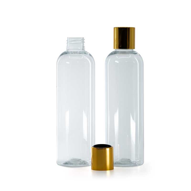 Bouteille en plastique transparent, bouchon en plastique noir avec col en aluminium doré, 250 ml