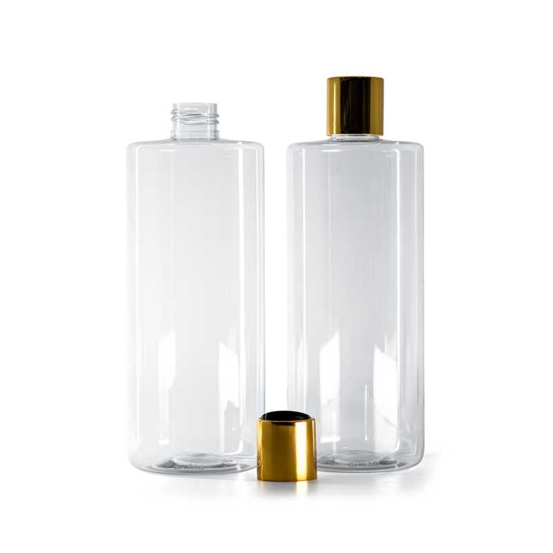 Bouteille en plastique transparent, bouchon en plastique noir avec col en aluminium doré, 500 ml