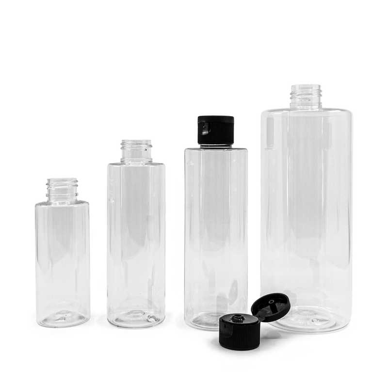 Bouteille en plastique transparent, bouchon noir, 100 ml