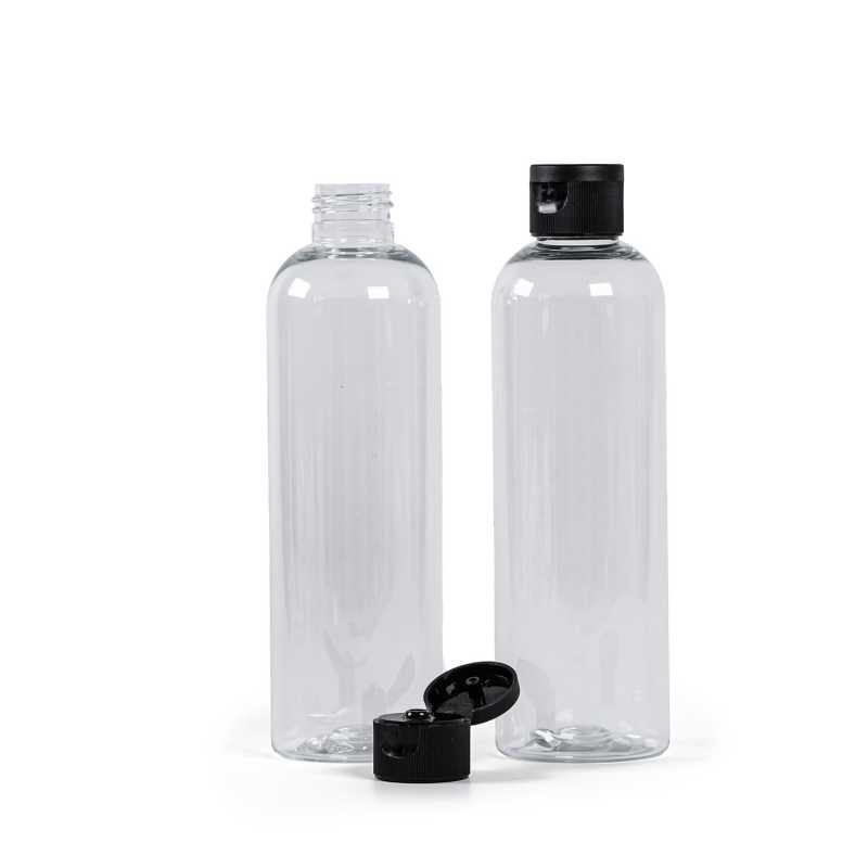 Bouteille en plastique transparent, bouchon noir, 250 ml