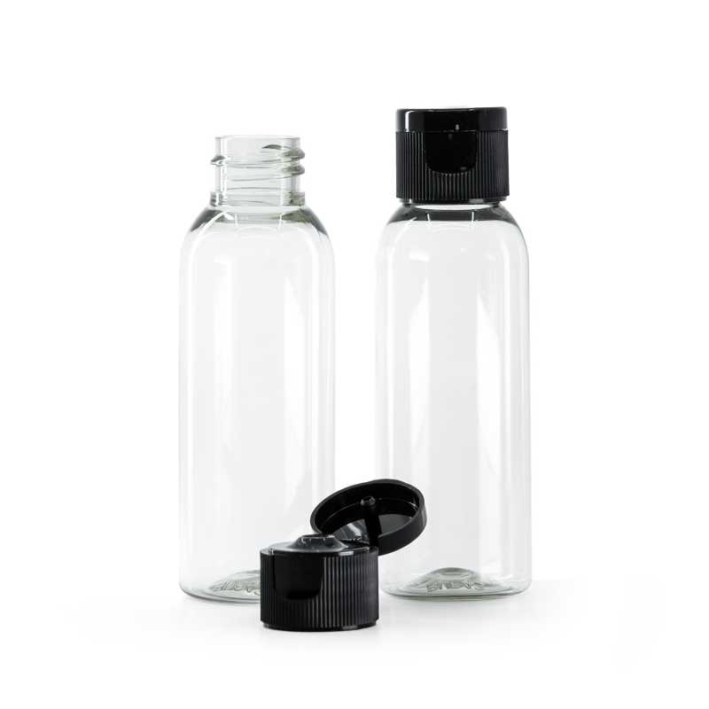Flacon en plastique recyclé, transparent, capsule service flip‑top noire, 50 ml