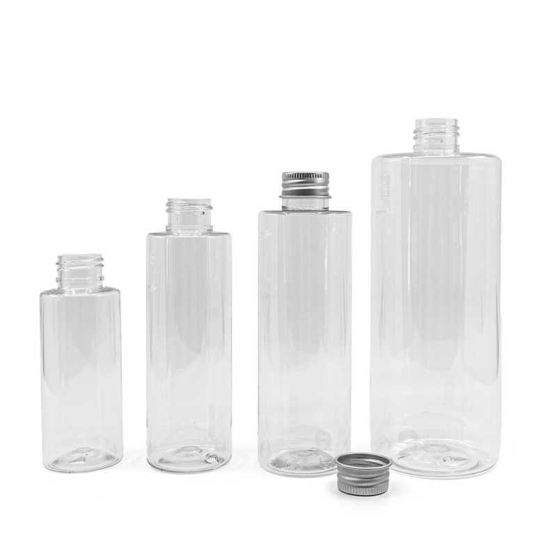 Bouteille en plastique transparent, bouchon en aluminium argenté, 150 ml