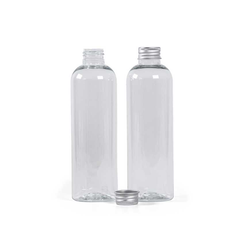 Bouteille en plastique transparent, 24/410, bouchon en aluminium argenté, 250 ml