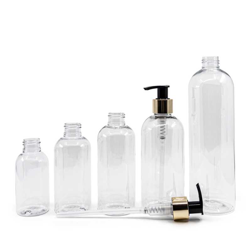 Bouteille arrondie en plastique transparent, pompe dorée, 500 ml