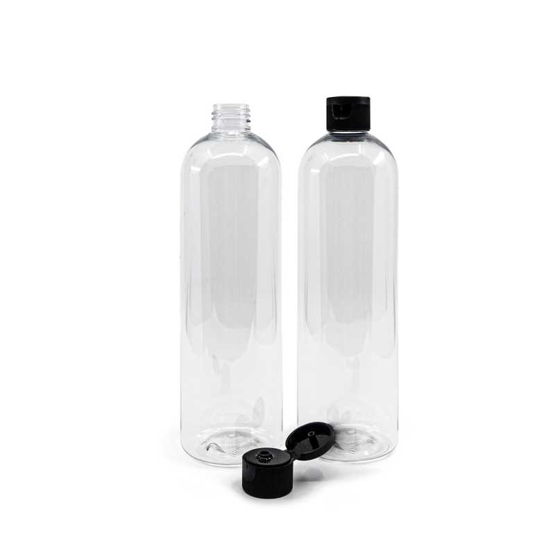 Bouteille arrondie en plastique transparent 24/410, bouchon noir, 500 ml