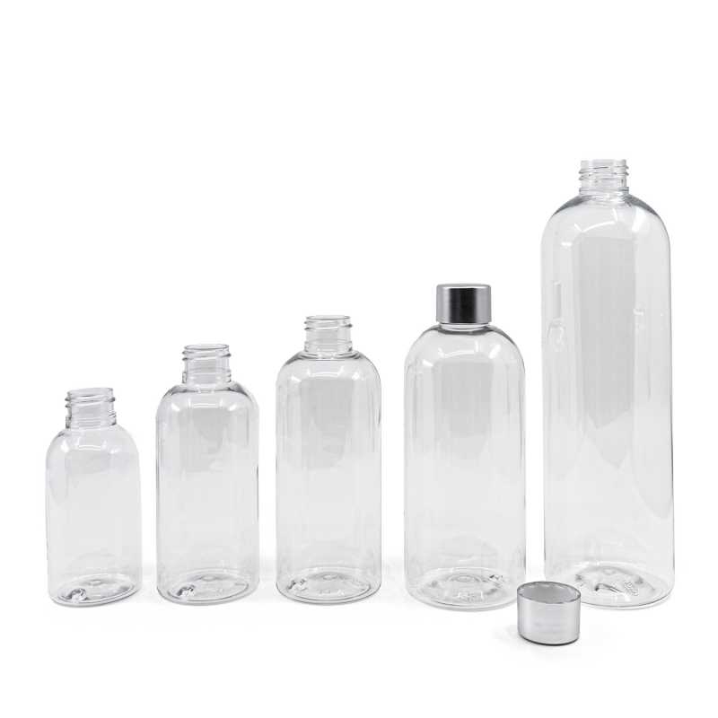 Bouteille arrondie en plastique transparent 24/410, bouchon argenté, 500 ml
