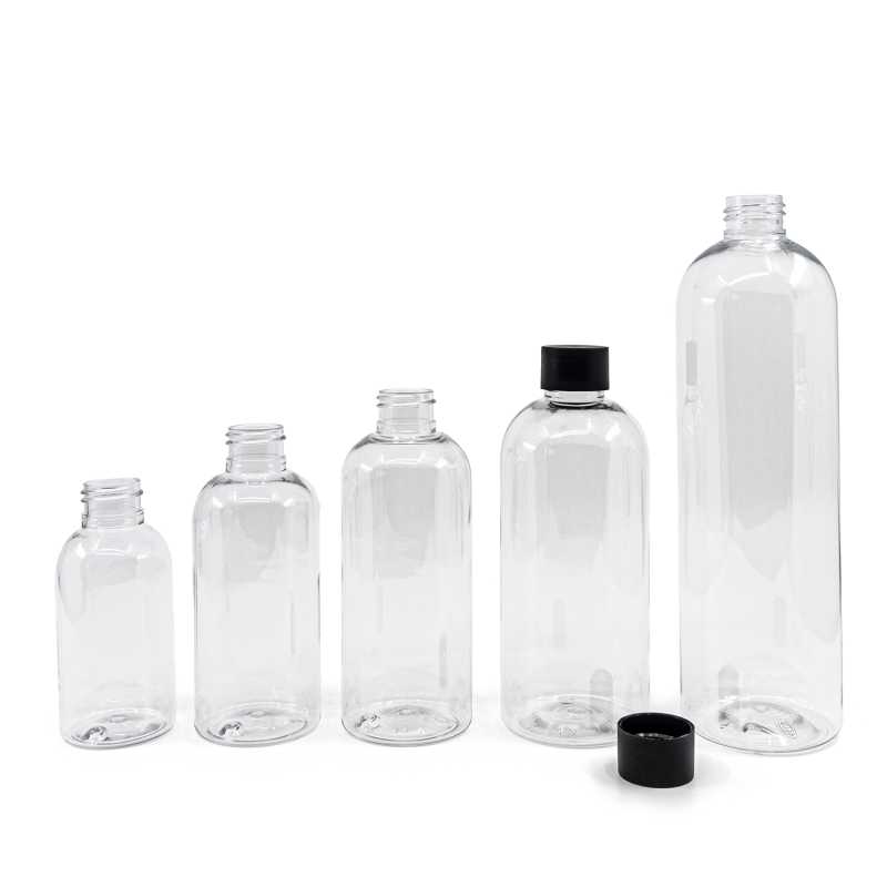 Bouteille arrondie en plastique transparent, 24/410, bouchon en plastique noir mat, 300 ml