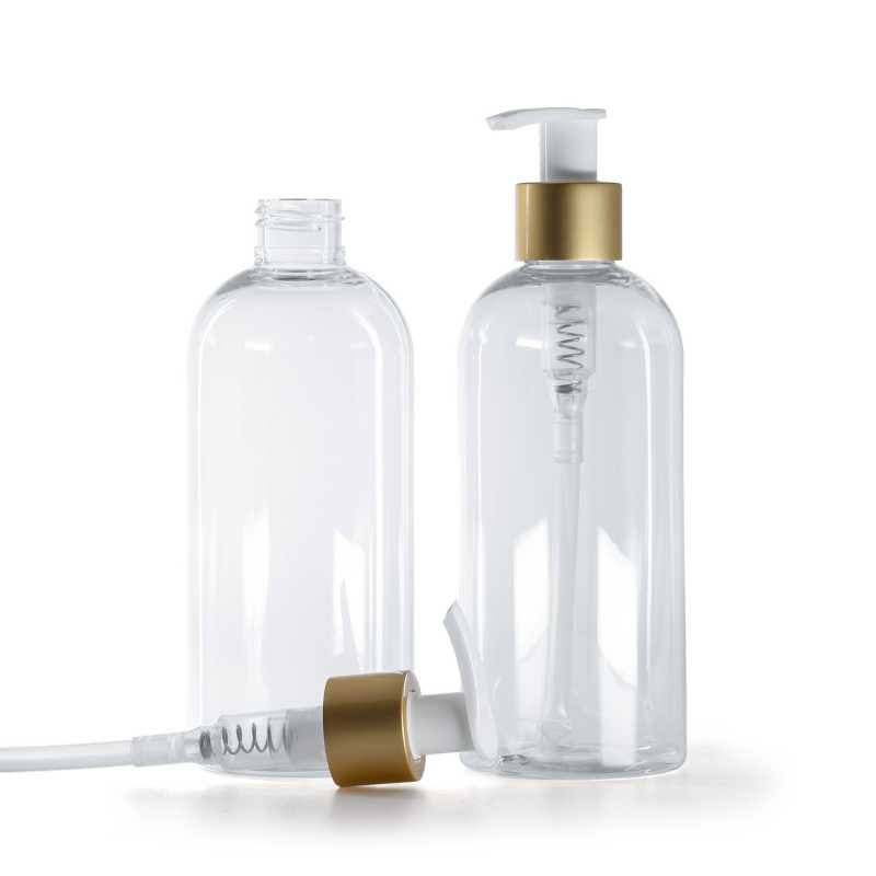 Flacon rond en plastique transparent, pompe distributrice blanche avec bague dorée mate, 300 ml